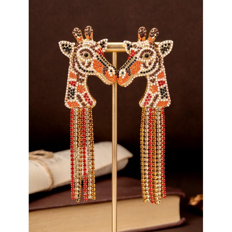 Vintage Giraffe Tassel Earrings Light Luxury Style Full Of Diamonds