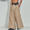 Men Zip-up High PU Waist Pleating Casual Long Wide Legs Pants Trousers