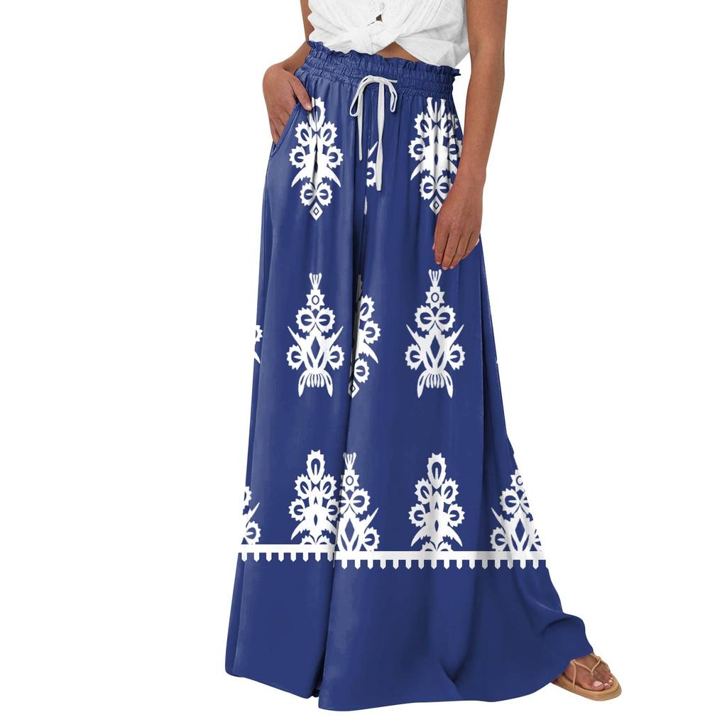 Женские брюки-палаццо с цветочным принтом в стиле бохо, широкие брюки, летние пляжные струящиеся брюки с высокой талией и карманами