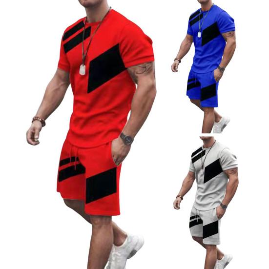 Мужской летний наряд из 2 шт./компл., футболка с круглым вырезом и коротким рукавом, эластичный шнурок на талии, шорты с карманами, комплект, спортивный костюм цветных блоков