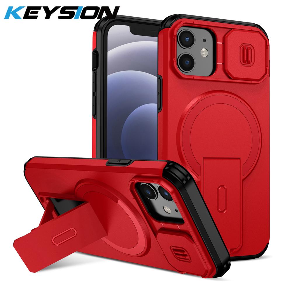 KEYSION Противоударный магнитный чехол для iPhone 11 12 Pro Max Сдвижная защита объектива камеры Подставка Беспроводная зарядка Задняя крышка телефона