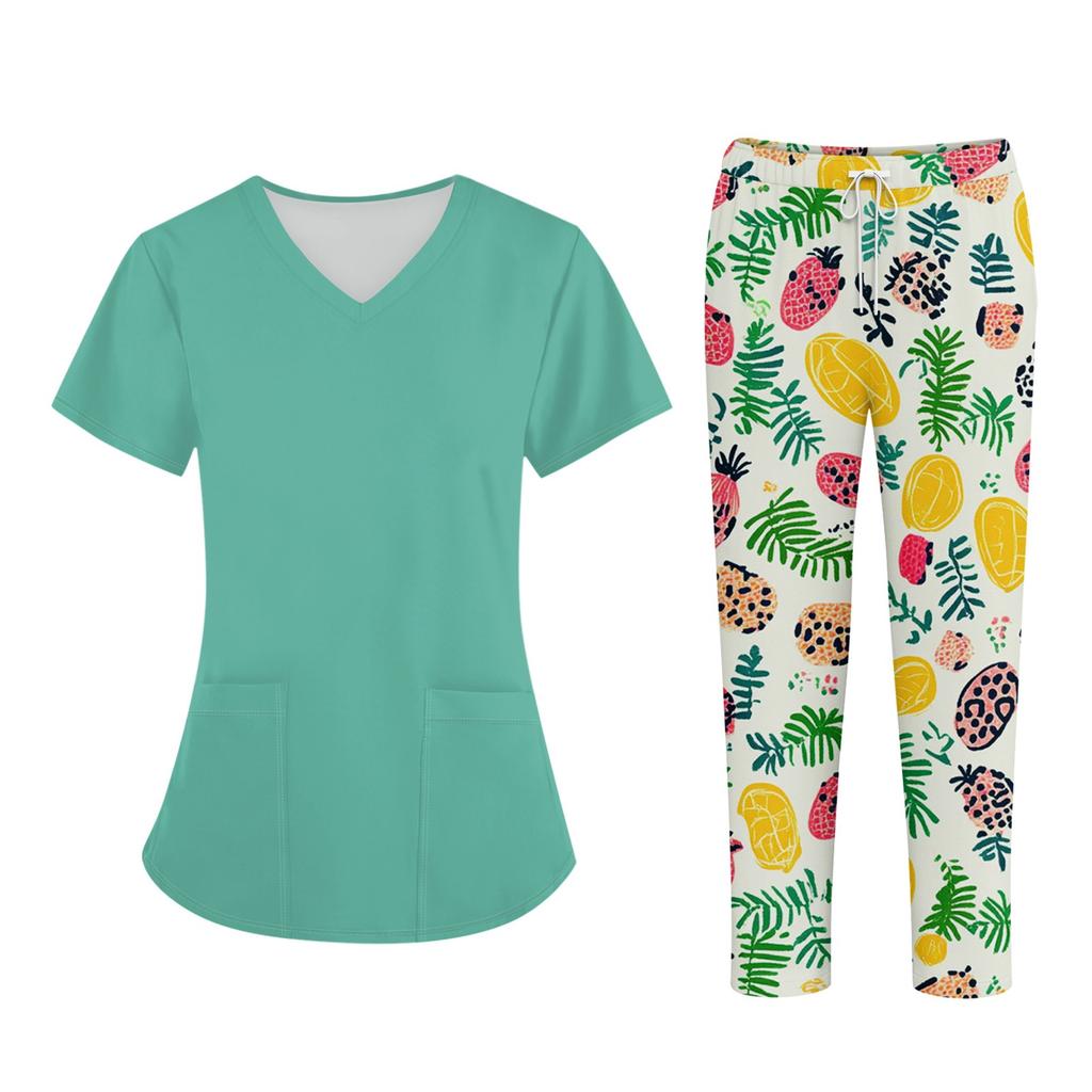 Плюс размерСкраб с принтом Рабочая форма Топы для женщин Крест V-образным вырезом Хэллоуин Принт с короткими рукавами Забавные футболки Спецодежда Футболка с карманами