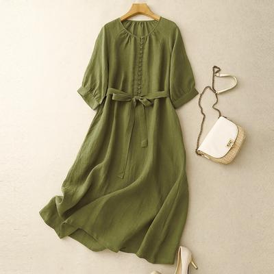 Летнее новое хлопково-льняное крашеное в пряже литературное и повседневное платье свободного кроя с круглым вырезом и рукавами-плечиками женская одежда