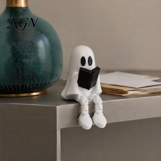 Desktop Ghost Figurine Reading with Articulated Legs, 3D Printed Sitting PLA Ornament Statue, White Desk for Halloween Decoration Miniature Decor