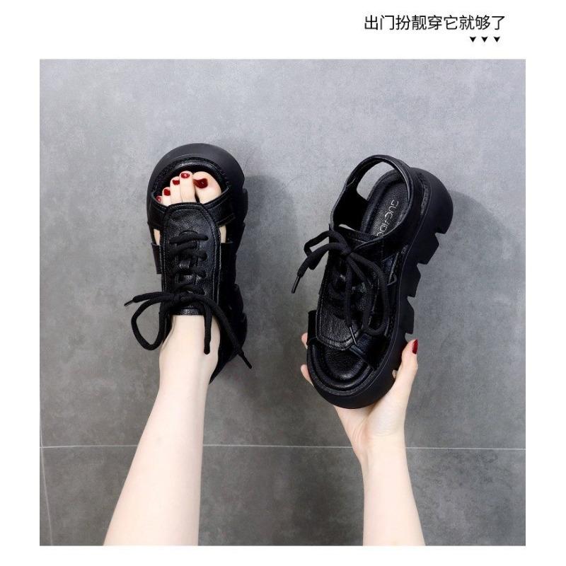 Thick Bottom Sandals Muffin Soft Bottom Mid Heel Fashion Outer Wear Lace Up Sandals