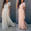 Women Fashion V-neck Floor-length Maxi Dress Hollow Lace Evening Dresses