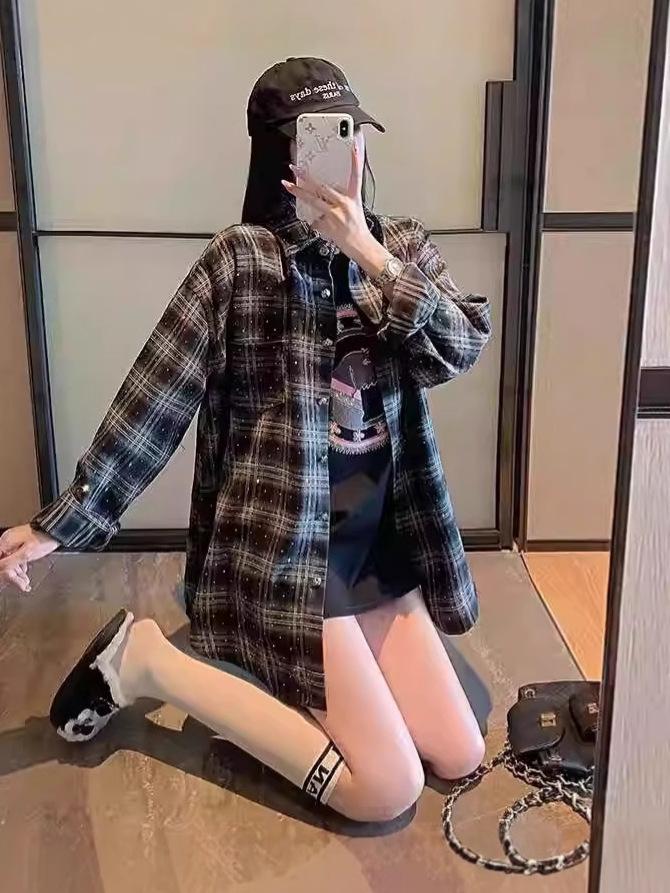 Клетчатая рубашка, украшенная стразами: Женский модный свободный кардиган с длинным рукавом для весны и осени.