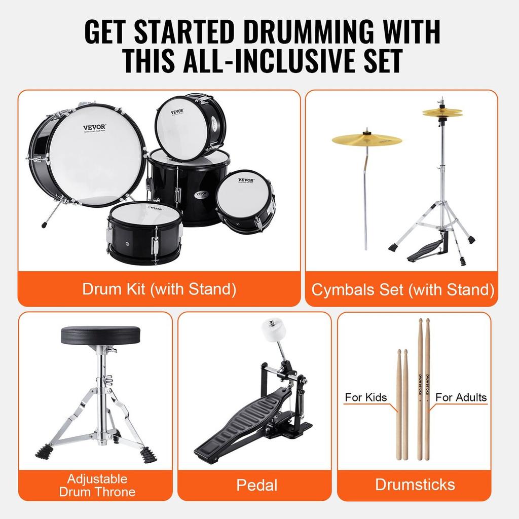Kids Drum Set 5-Piece 16 in Beginner Children Drum Set with Throne Black