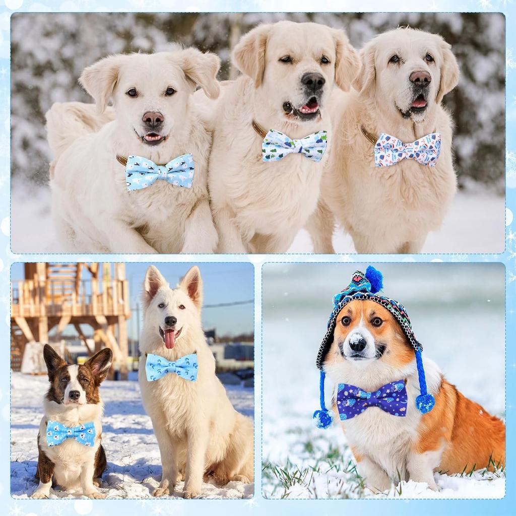 Sanwuta 60 Pcs Winter Collar Dog Bow Ties Bulk Dog Bowtie Accessories Puppy Bows Detachable Attachment Charms for Small Medium Large Dogs Cat Bows
