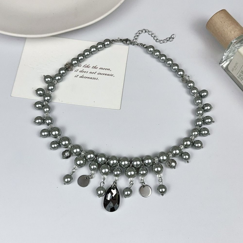 Grey Pearl Water Drop Pendant Neckchain Fashion Women's Clavicle Chain  Party