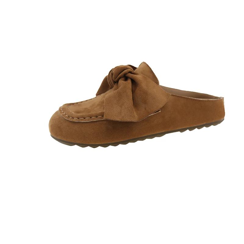 Retro Women's Slippers Bow Flat Sole Round Toe Cow Suede Women's Mules Dress Leisure Comfortable Inner Roman Zapatillas De Mujer