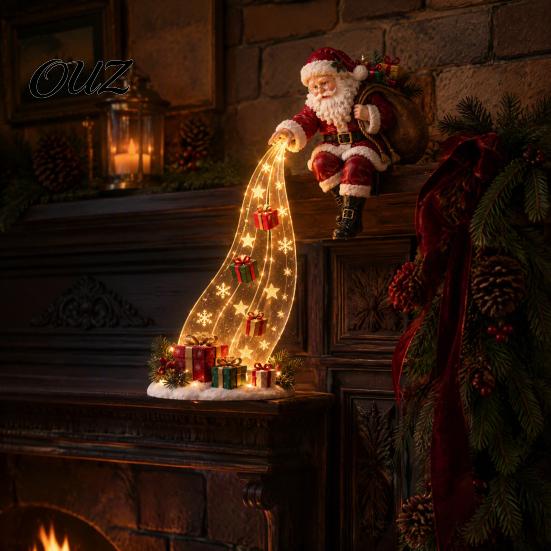 Snowman Bookshelf Accent LED Waterfall Christmas Shelf Sitter Figurine, Light Up Santa Claus Party Table Decor Angel Statue, Holiday Edge Ornament for