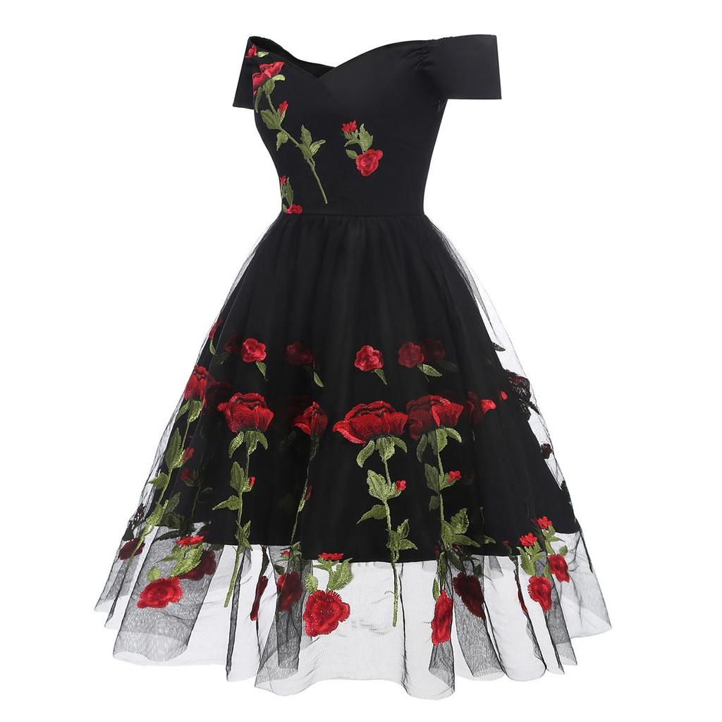 Women's Embroided Prom Dress Rose Flowers Mesh Tulle Off Shoulder Midi Skater Wedding Guest Evening Cocktail Party Special Formal Occasion Oufits