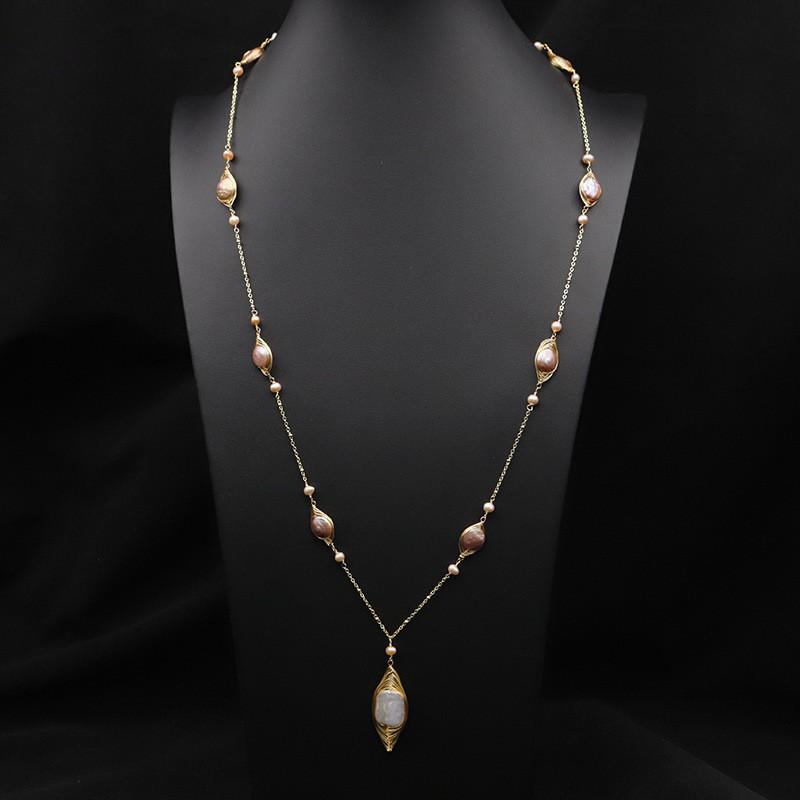 Handmade Freshwater Pearl Pendant Necklace Women Vintage Wrap Wire Sweater Chain Boho Chic Jewelry