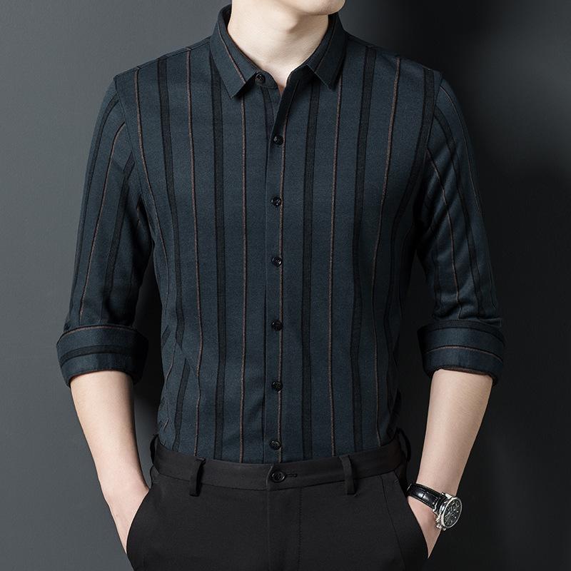 Деловая повседневная мужская рубашка, весенняя мягкая ткань, удобная дышащая рубашка в полоску с лацканами