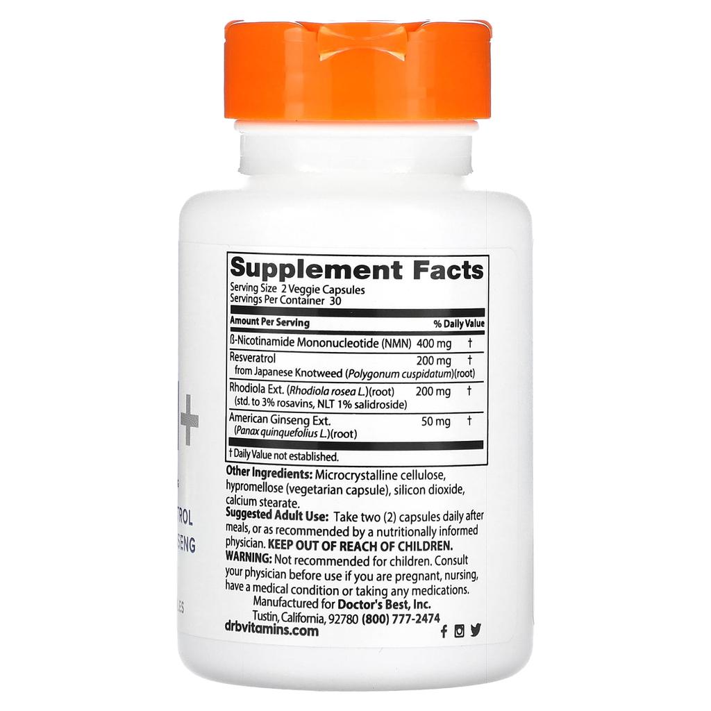 Doctor's Best NMN+, 400 Mg, 60 Veggie Capsules (200 Mg Per Capsule)