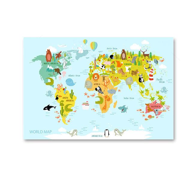 Скандинавские детские постеры и принты, карта мира с животными, холст, живопись, акварель, мультяшная настенная художественная картина для детской спальни, декор