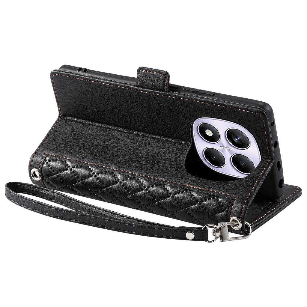 Leather Case For Xiaomi Redmi Note 14 Pro 5G/4G/Poco X7 5G Rhombus Texture Wallet Stand Phone Cover with Wrist Strap