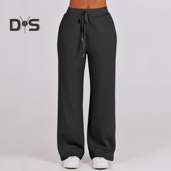 2 Pcs/Set Fall Winter Coat Trouser Suit Lapel Solid Color Thick Loose Solid Color Zipper Decor Long Sleeve Wide Leg Drawstring Elastic Waist Lady