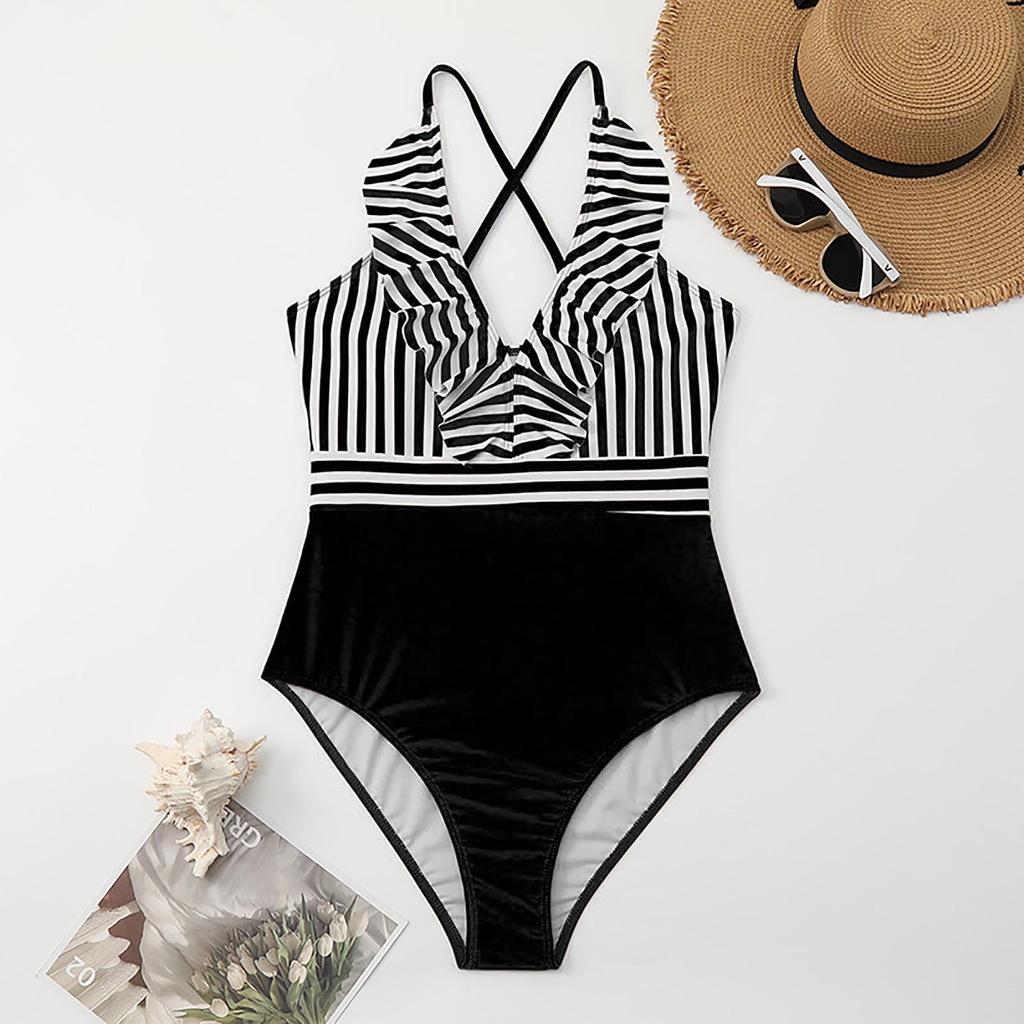 Летний женский цельный купальник с подушечками на груди без стального бюстгальтера, купальник бикини в полоску с принтом и оборками по краям