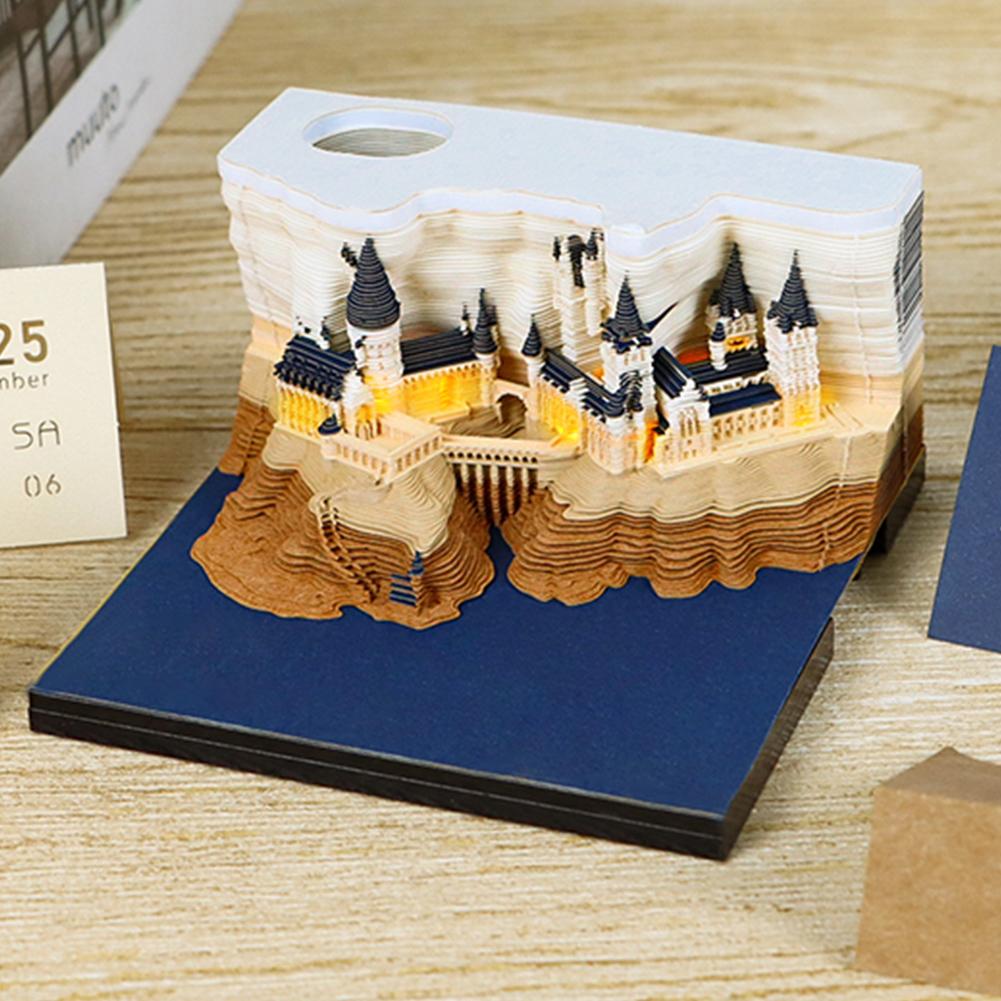 2025 Time Piece Calendar with LED Light and Pen Holder 3D Calendar Paper Carving Art Memo Pad Notepad Novelty Gift