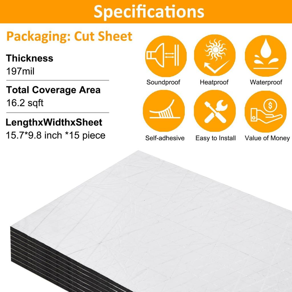 Car Heat Sound Deadening Ulation Mat - 197 Mil 16.1 Sqft Automobile Sound Deadening & Heat Ulation Material For Auto Hood Engine Roof Door And Trunk,