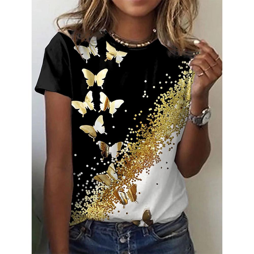 New O-neck 3d Butterfly Print T-shirt Women's Summer Fashion Short-sleeved Blouse Oversized Summer Clothing