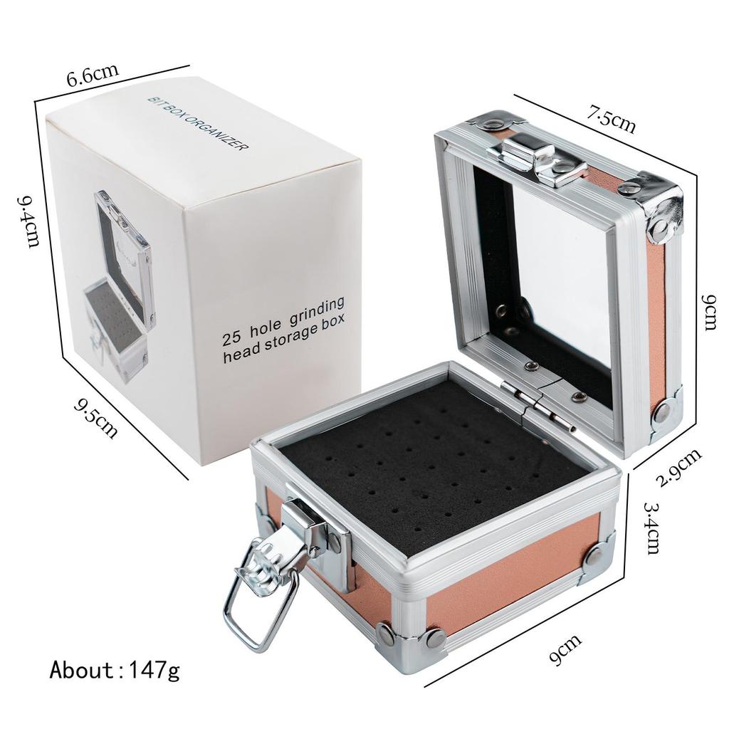 Nail Art High-End 25-Hole Grinding Head Organizer with Portable Aluminum Box