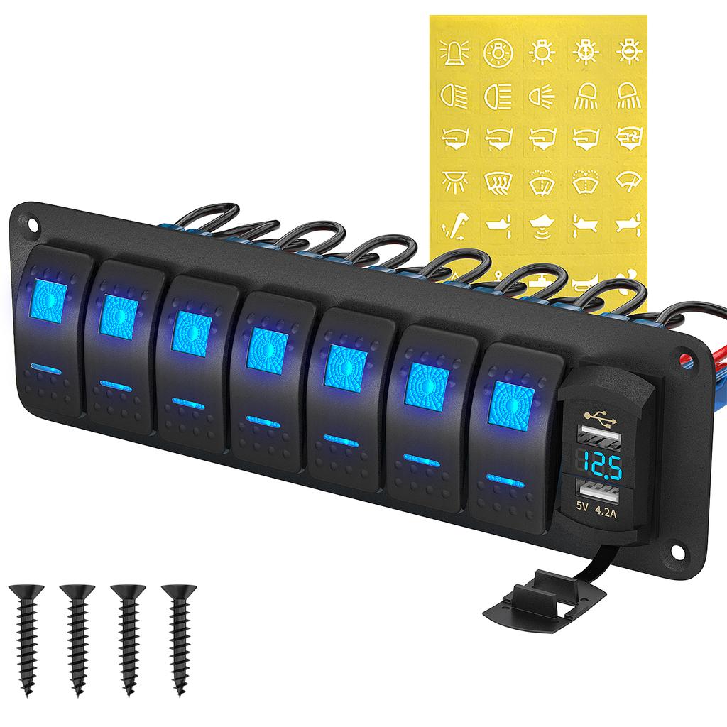 Панель переключателей DaierTek 7 Gang Rocker Switch Panel Marine Boat Switch Panel Waterproof с зарядным устройством USB и вольтметром для вертикального грузовика UTV