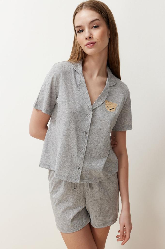 Women's Fashion New Pajama Set Cinnamon 100% Cotton Teddy Bear Embroidered Shirt-Shorts Knitted Pajama Set