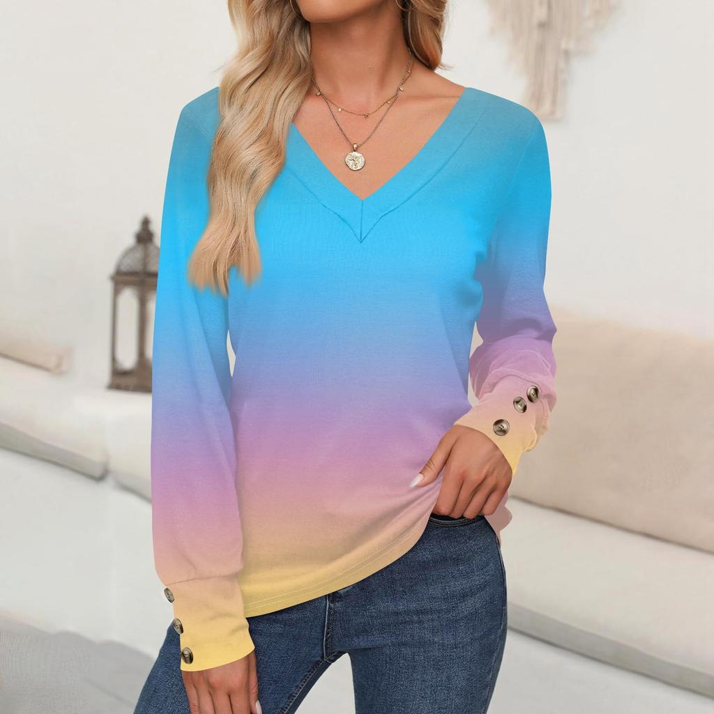 Women's Tops Gradient Printed Long Sleeve Shirt V Neck Casual Loose T-Shirt Autumn Clothing