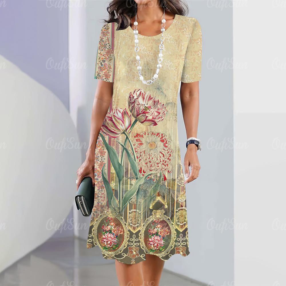 2025 Новые женские платья с принтом в стиле барокко Летнее элегантное платье Женские платья с коротким рукавом Модная одежда больших размеров