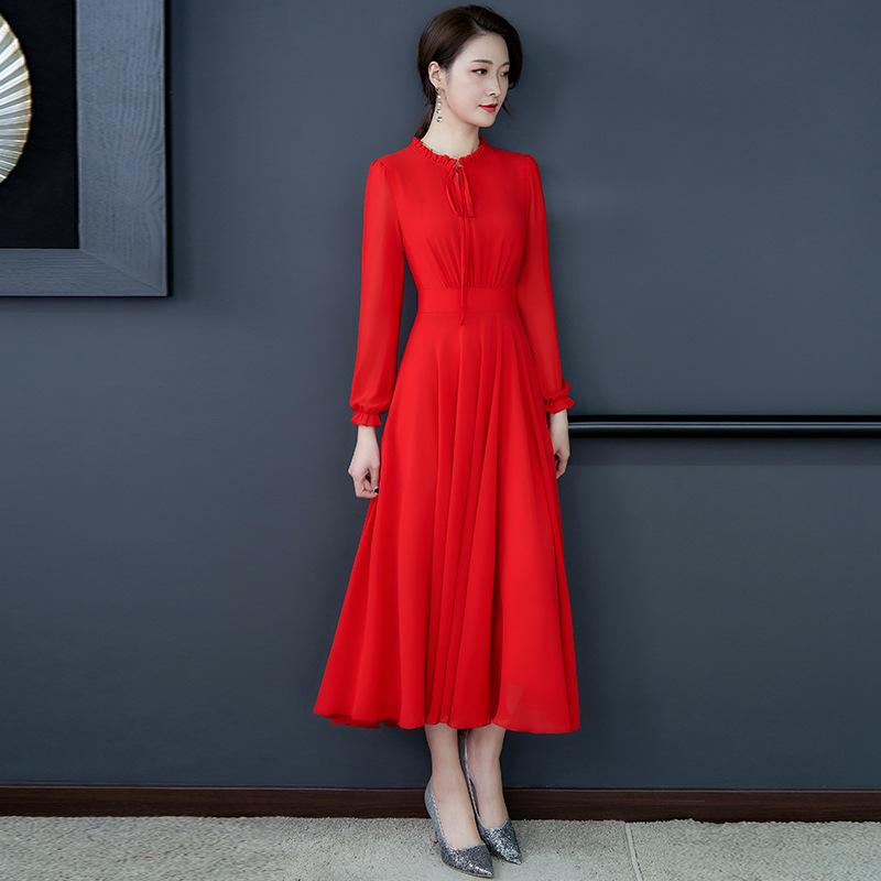 Women's Long Sleeved Lead Pure Color Chiffon Dress Slim And Large Skirt