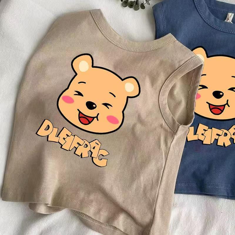 Kids' Summer Sleeveless Cotton Vest and Short Sleeve Cartoon T-Shirt - Fashionable and Cute Print