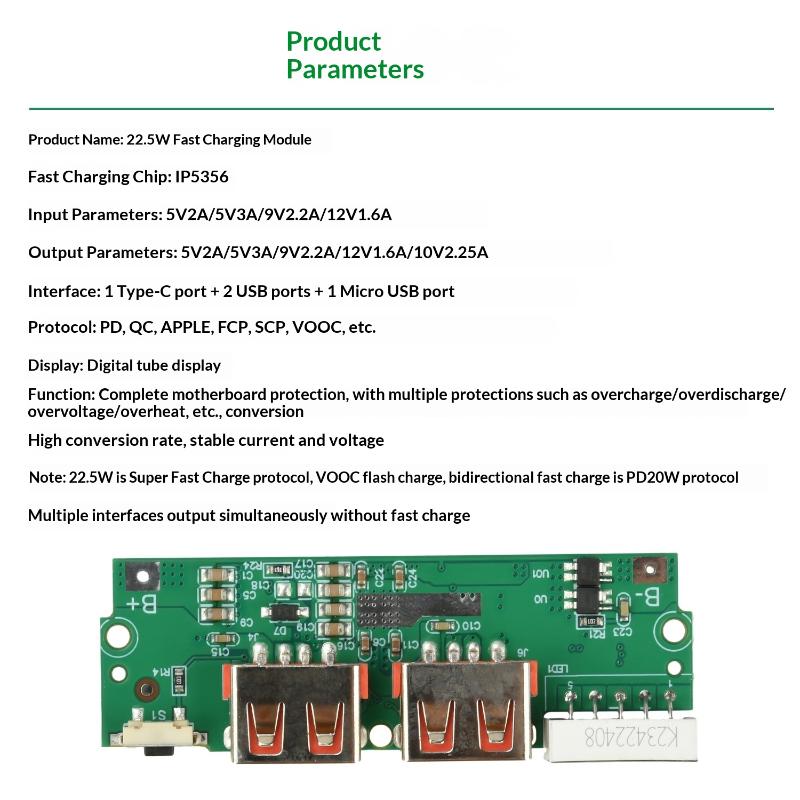 Модуль быстрой зарядки 22,5 Вт для DIY Power Bank PD QC VOOC 3,7 В Плата зарядки литиевой батареи Защита цепи со светодиодным дисплеем
