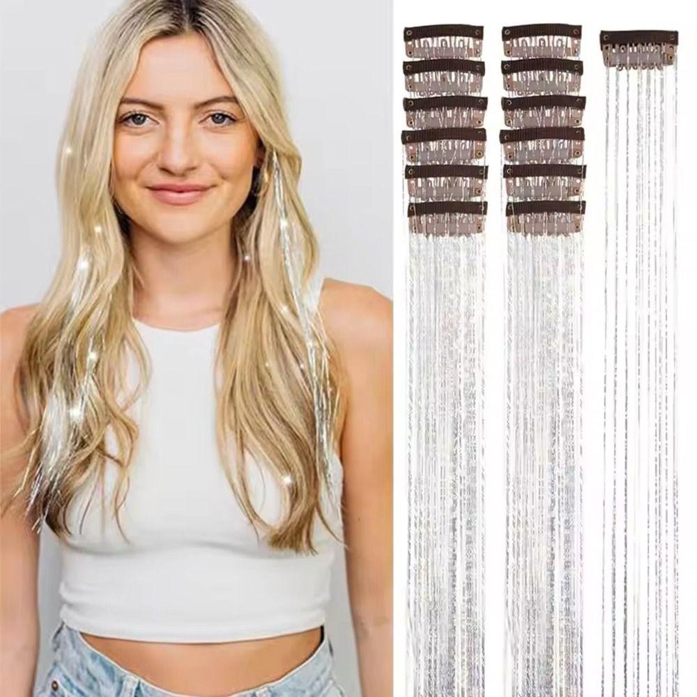 Shiny Glitter Tinsel Hair Extensions Sparkle Synthetic Shiny Threads  For Kids Girls Women