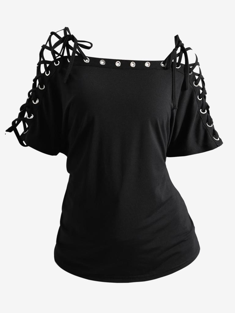 Rosegal Готическая футболка с шнуровкой, плетеными рукавами и люверсами