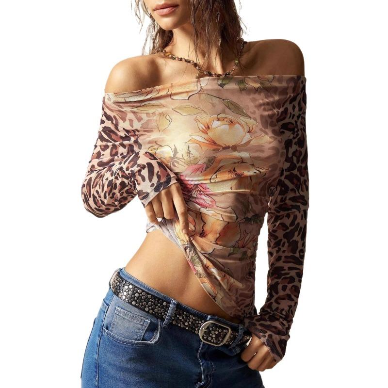 One Shoulder Long Sleeve Leopard Print T Shirt Women Elegant Top