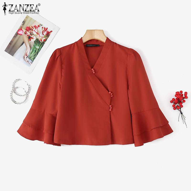 ZANZEA Женская повседневная блузка с V-образным вырезом, расклешенными рукавами 3/4, свободного кроя, однотонная