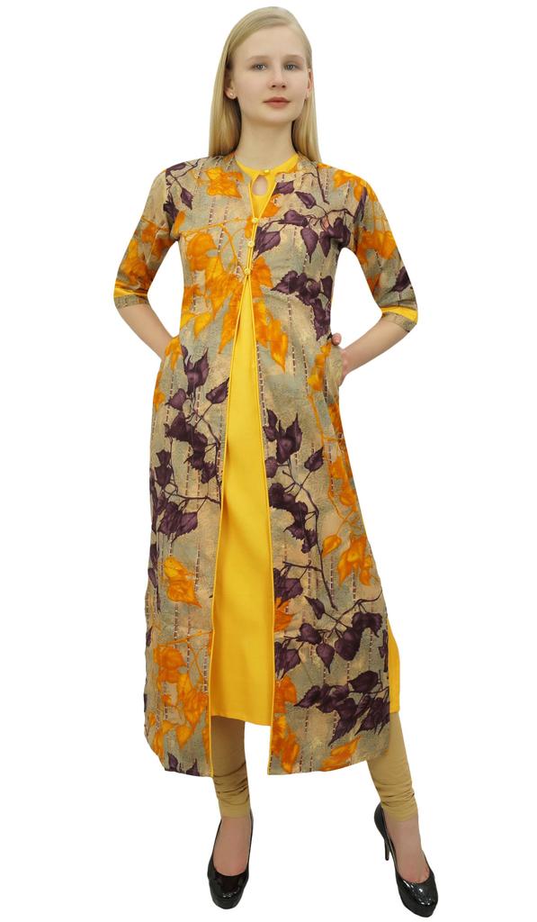 Phagun Women's 2 Pcs Yellow Kurta With Jacket Dress Indian Designer Clothing