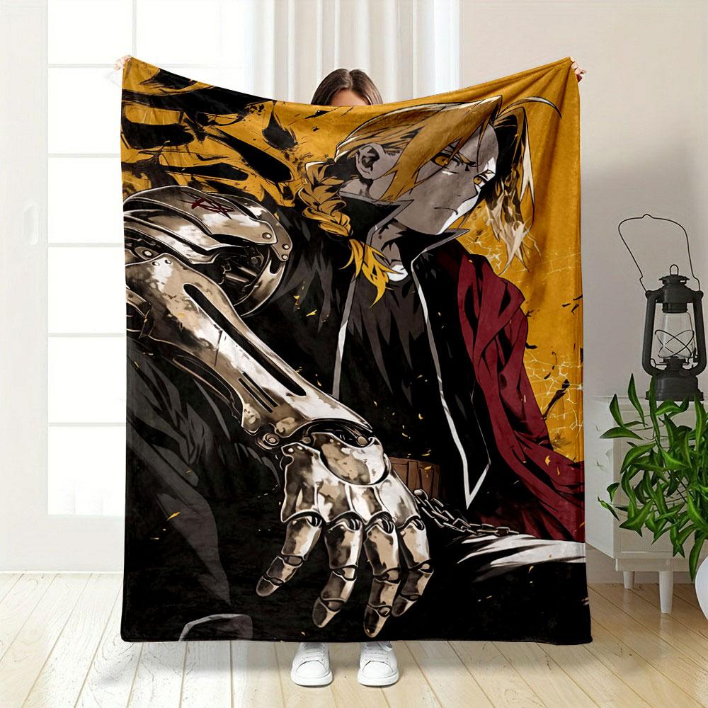 A character with a metallic arm, braided hair, and a bold yellow backdrop. for all seasons blanket lunch break throw gift