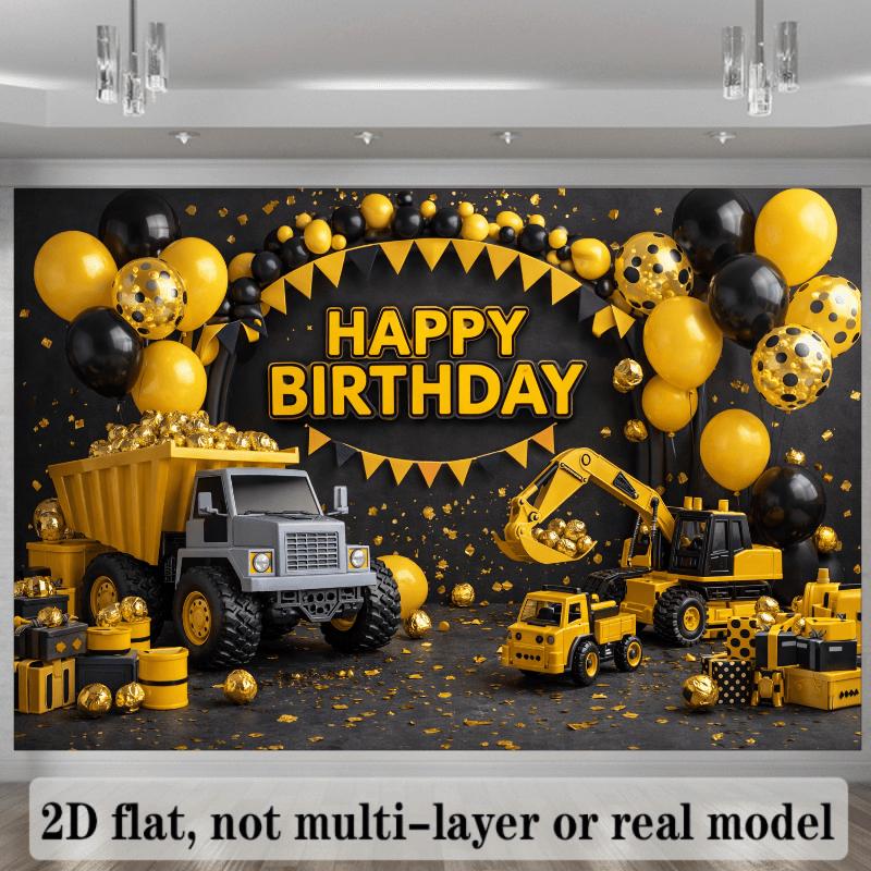 2D Flat Banner for Birthday Party Background - Engineering Vehicle Theme, Including Dump Trucks