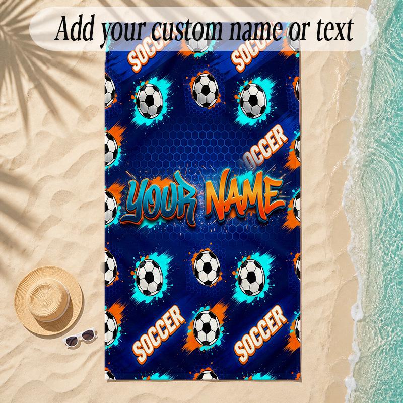Soccer Theme Soft Beach Towel Personalized Custom Name Text Towel Portable for Beach Pool Travel