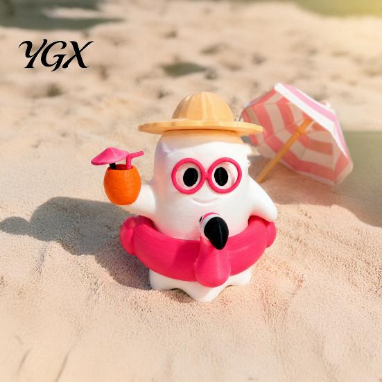 Indoor Seasonal Decorations 3D Printed Summer Ghost Figurine, Cute Beach Theme Ornament with Summerween Party Supplies Straw Hat Swimming Ring