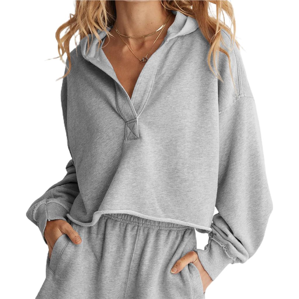 Fashion Women's Spring Autumn Hooded Sweatshirt Long Sleeve Solid Color V Neck Crop Hoodie