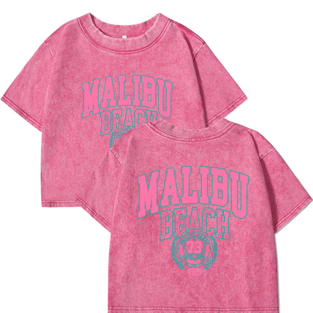 Malibu Beach Printing Womens Washed Slim T Shirt Fashion Cotton T-Shirt Crop Short Sleeve Crewneck Y2K Woman Clothes