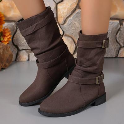 Мода Женские Джинсовые Ботинки с Круглым Носком Турция Женские Декор Пряжками Ботильоны до Середины Икры Вечеринка Рабочая Одежда Вечерняя Обувь