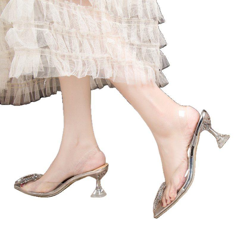 2025 Summer New Korean Version of Rhinestone Transparent Crystal Shoes High Heels Sandals Stiletto Women's Shoes Large Size Single Shoes