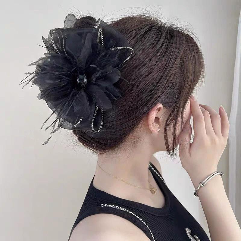 Large Summer Lace Edge Bow Claw Clip Hair Accessory for Women - Multi-Layer Feather Design