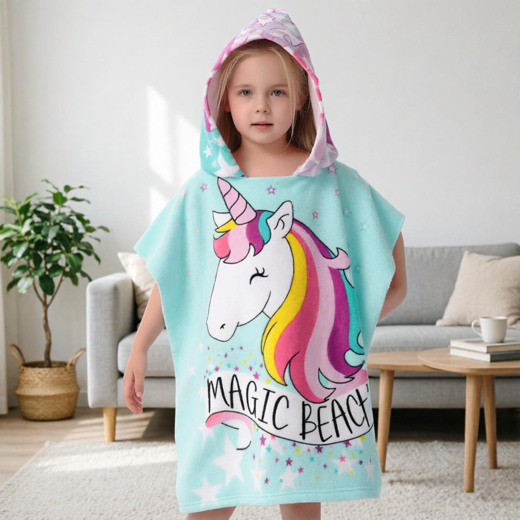 Ultra-Fine Fiber Cartoon Print Kids' Hooded Bath Towel Poncho